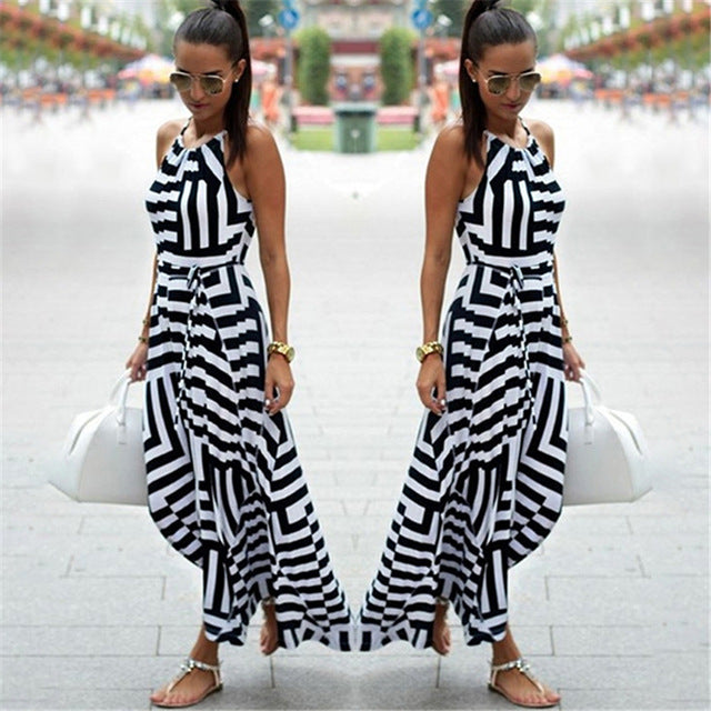 Bigsweety New Fashion Women Sexy Boho Striped Dress Summer Maxi Long Dress Sleeveless Beach Strap Sundress Vestidos For Female