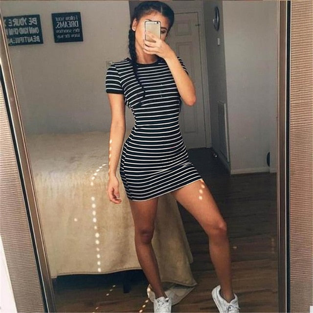 Dresses Women 2019 Summer Slim Striped Dress Sexy Nightclub Party Short Sleeve Dress Fashion Women Clothing Bodycon Dresses