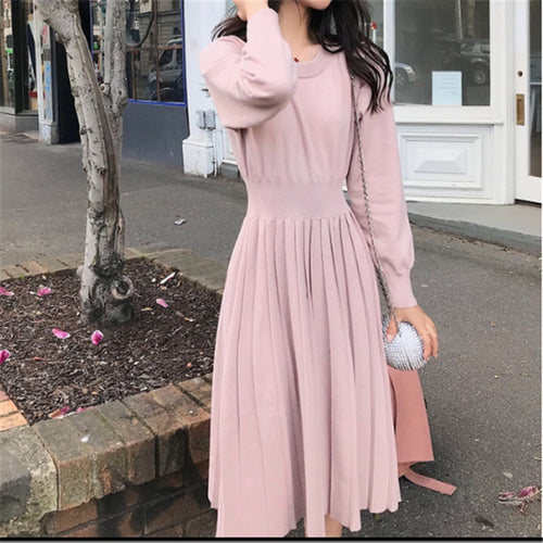 Korrean Sweater Dress Fashion Women Knitted Dresses Elegant Women High Waist Pleated Sweaters Dress Winter Women Dresses Vintage