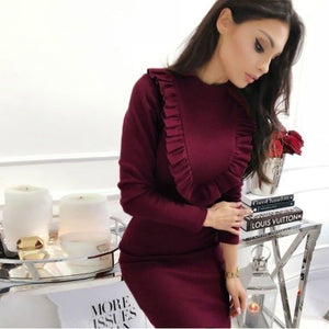 Women Vintage Ruffled Sheath Party Mini Dress Long Sleeve O neck Solid Elegant Casual Dress 2019 Winter New Fashion Women Dress