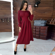 Load image into Gallery viewer, Women Vintage Hollow Out A-line Party Long Dress Long Sleeve O neck Solid Elegant Casual Dress 2019 Autumn New Fashion Dress