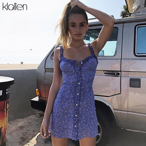 KLALIEN Women Summer fit and flare Sexy Dress flower Print button Halter Sleeveless Bodycon Dress Fashion Casual mini lady new