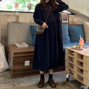 Chic student loose corduroy long sleeve dress