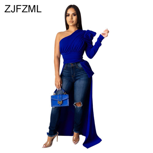 One Shoulder Sexy Irregular Maxi Dress 2019 Women Puff Sleeve Front Short Back Long Dress Autumn High Waist Backless Party Dress