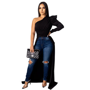 One Shoulder Sexy Irregular Maxi Dress 2019 Women Puff Sleeve Front Short Back Long Dress Autumn High Waist Backless Party Dress