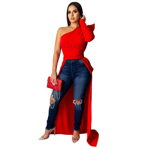 One Shoulder Sexy Irregular Maxi Dress 2019 Women Puff Sleeve Front Short Back Long Dress Autumn High Waist Backless Party Dress