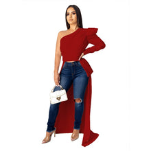 Load image into Gallery viewer, One Shoulder Sexy Irregular Maxi Dress 2019 Women Puff Sleeve Front Short Back Long Dress Autumn High Waist Backless Party Dress